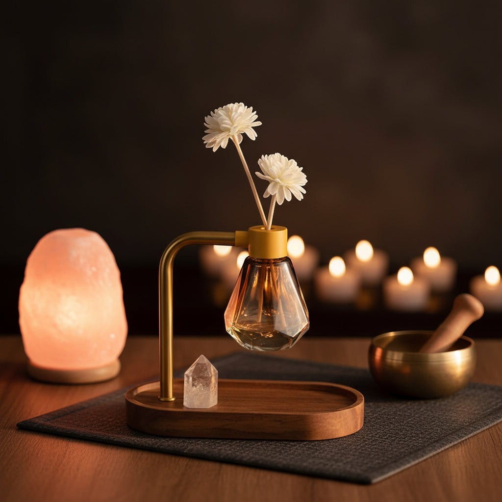 Glow & Drift Elara suspended reed diffuser with acacia wood tray, brass arm, and diamond-faceted glass vessel.