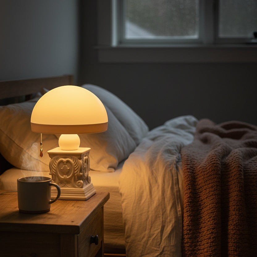 Glow & Drift Elysian cordless table lamp with a neoclassical carved resin base and glowing dome shade on a nightstand.