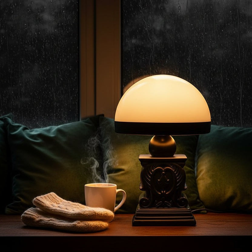 Glow & Drift Elysian cordless table lamp with a neoclassical carved base and dome shade on a cozy rainy windowsill.