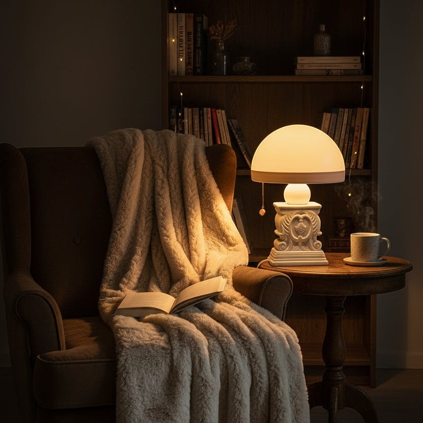 Glow & Drift Elysian cordless table lamp with a neoclassical carved column base and dome shade on a cozy side table.