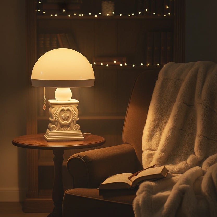 Glow & Drift Elysian cordless table lamp with a neoclassical carved resin base and glowing dome shade on a side table.