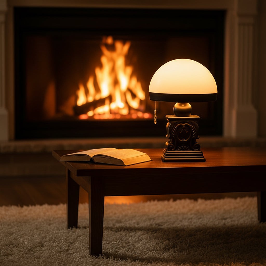 Glow & Drift Elysian cordless table lamp with a carved resin column base and dome shade on a table by a fireplace.