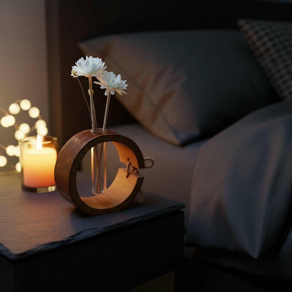 Glow & Drift Ensō bamboo and glass reed diffuser with flower-topped reeds on a dark bedside table with a glowing candle.