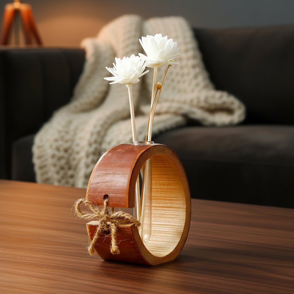 Glow & Drift Ensō bamboo and glass reed diffuser with flower-topped reeds and rustic twine on a wooden table.