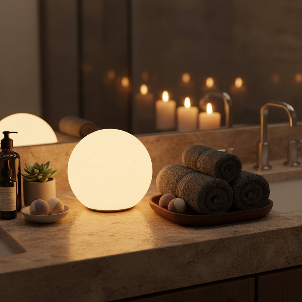 Glow & Drift Ethereal Orb Lamp emitting a warm, diffused glow on a bathroom vanity next to rolled towels and candles.