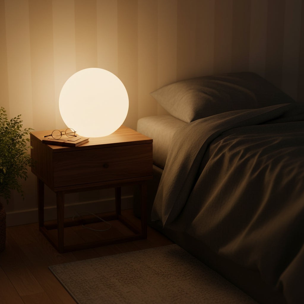 Glow & Drift Ethereal Orb Lamp emitting a warm, diffused glow on a dark walnut nightstand in a cozy bedroom.