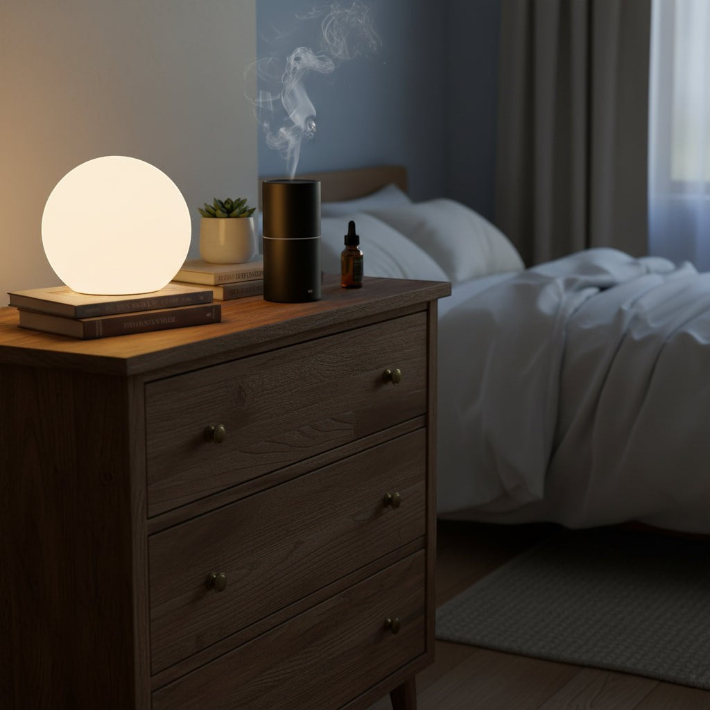 Glow & Drift Ethereal Orb Lamp glowing with warm light on a wooden nightstand next to a steaming diffuser.