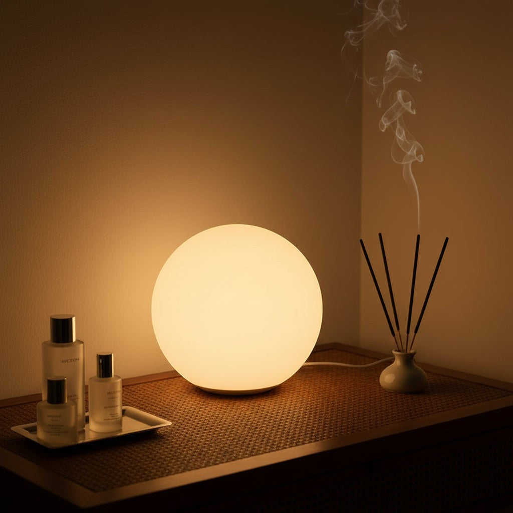 Glow & Drift Ethereal Orb Lamp emitting a warm, diffused glow on a textured surface next to incense and skincare.