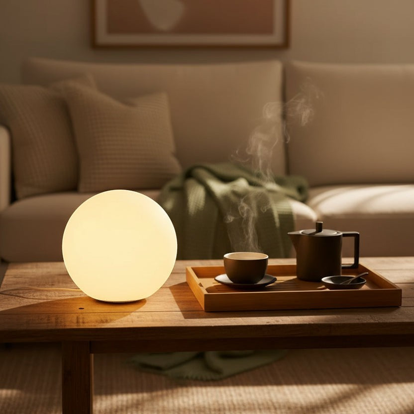 Glow & Drift Ethereal Orb Lamp casting a warm, diffused glow on a wooden coffee table with a tea set in a cozy room.