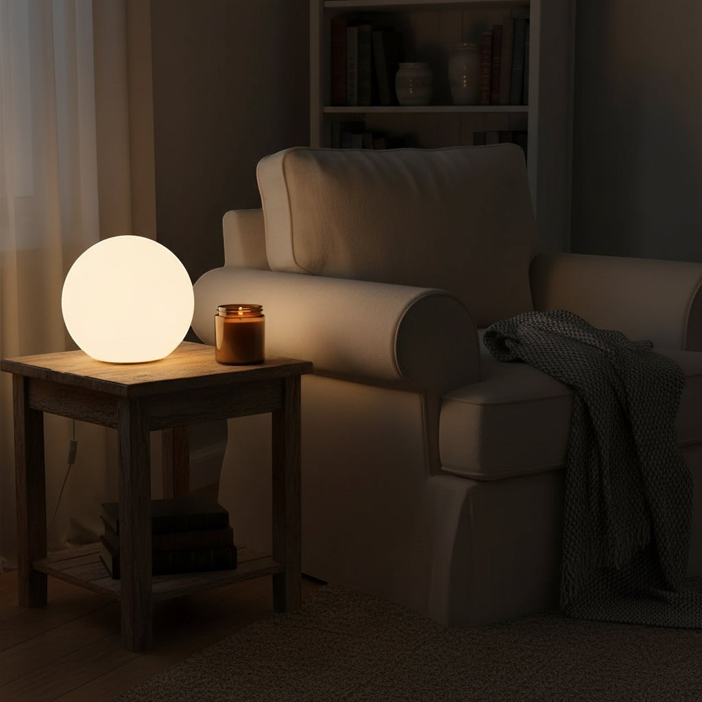 Glow & Drift Ethereal Orb Lamp emitting a warm, diffused glow on a wooden side table in a cozy, dimly lit living room.
