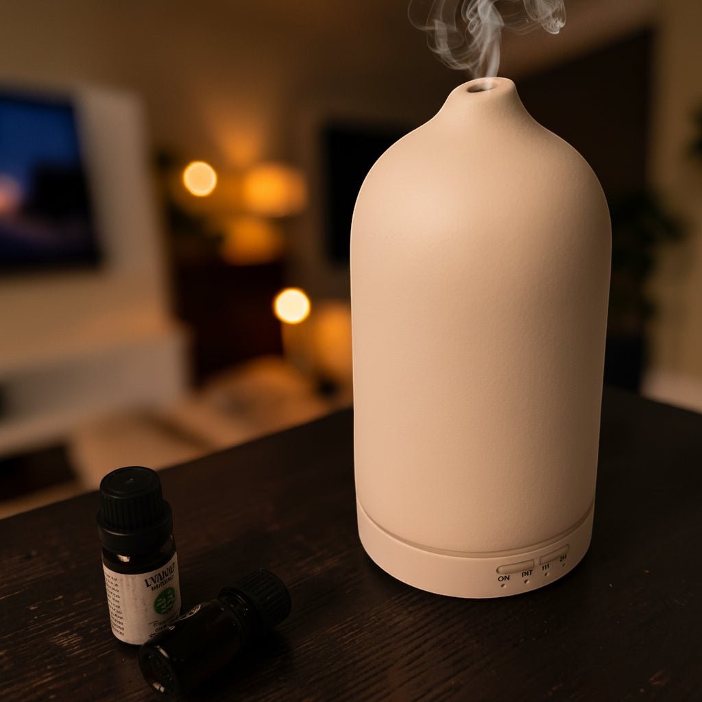 Glow & Drift minimalist frosted ceramic essential oil diffuser emitting a cool mist on a dark wooden table.