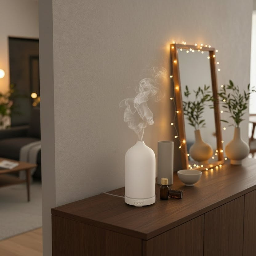 Glow & Drift minimalist frosted ceramic ultrasonic diffuser releasing a cool mist on a wooden console table.