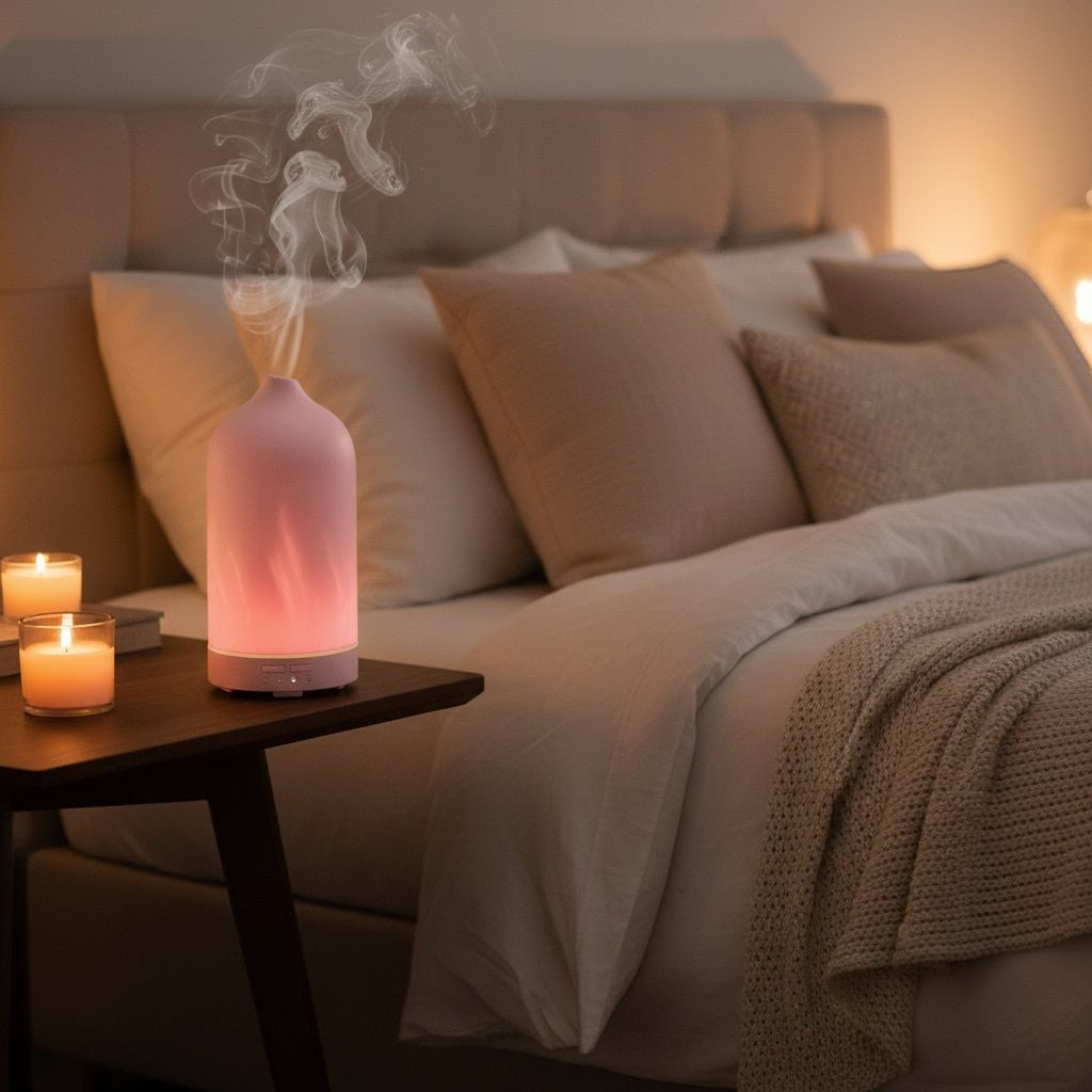 Glow & Drift minimalist frosted ceramic essential oil diffuser emitting a soft mist on a bedside table in a bedroom.