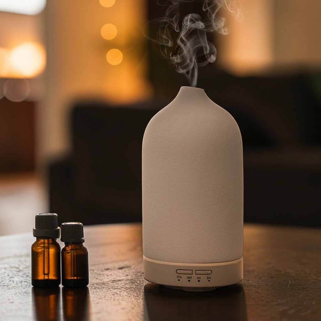 Glow & Drift minimalist frosted ceramic essential oil diffuser with cool mist and two amber glass bottles on a table.