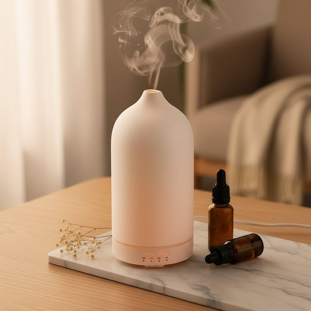 Glow & Drift minimalist frosted ceramic essential oil diffuser emitting cool mist on a marble tray with amber bottles.