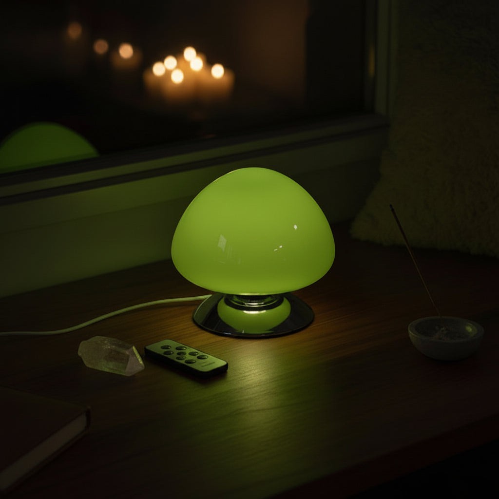 Glow & Drift Aura glass mushroom table lamp with a green glowing dome and polished chrome base on a wooden nightstand.