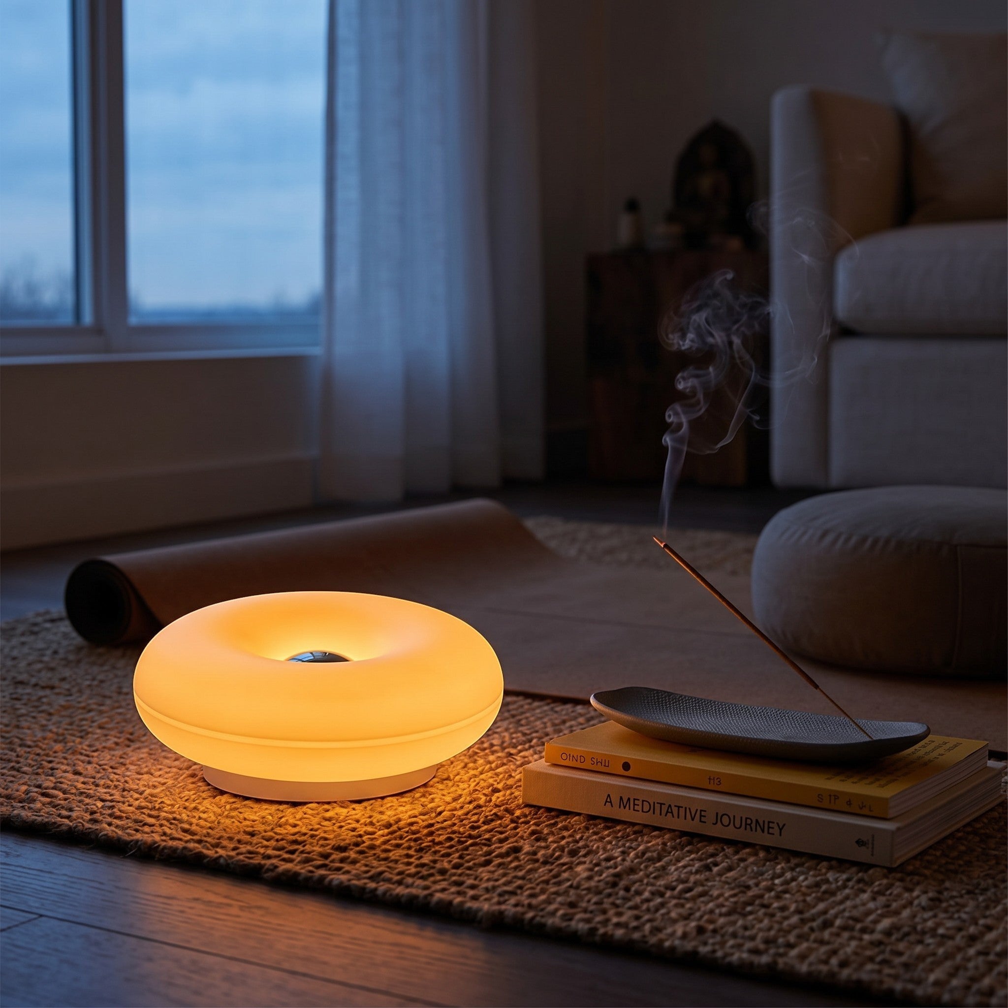 Glow & Drift Halo Donut Spectrum portable lamp glowing with warm light on a textured rug next to incense and books.
