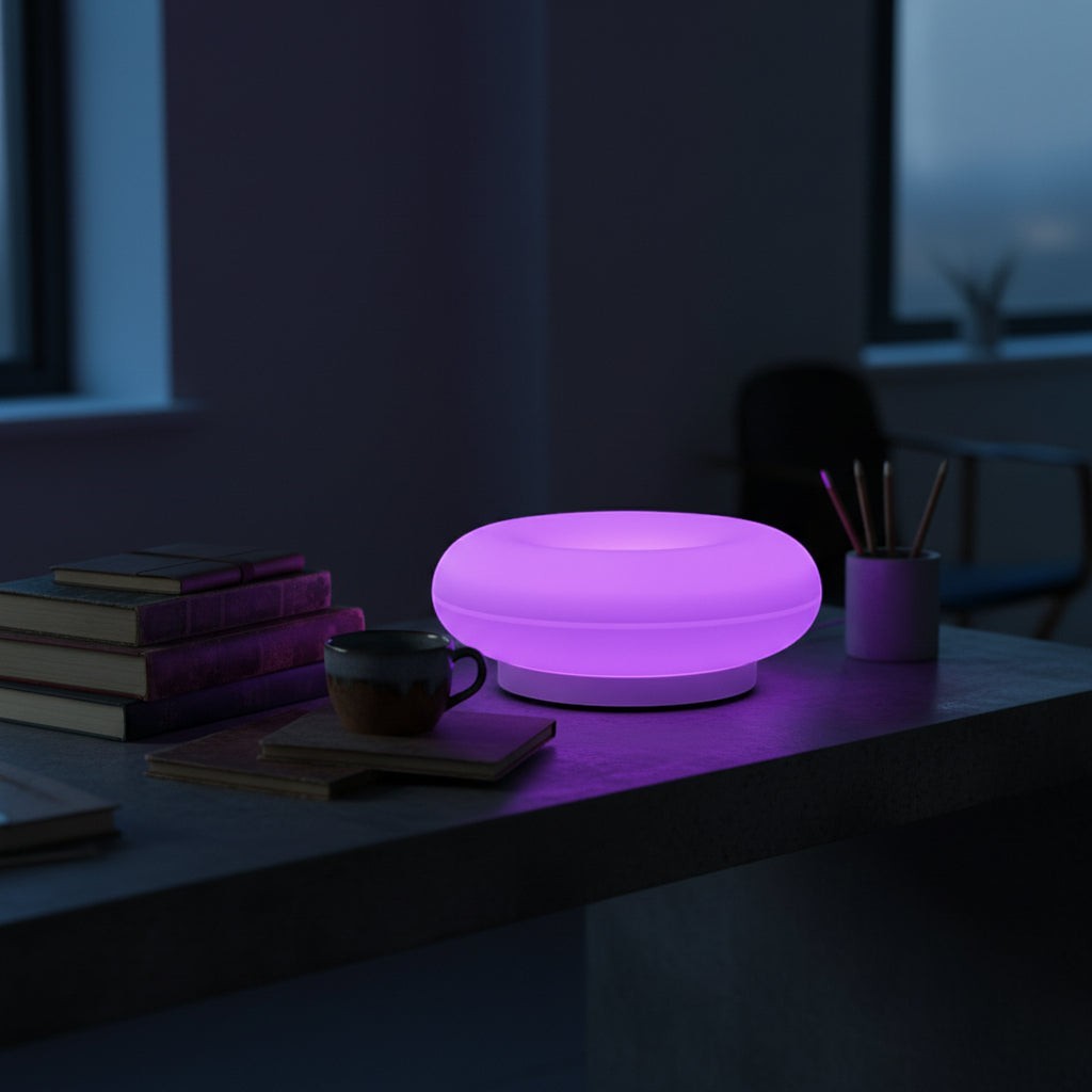 Glow & Drift Halo Donut Spectrum portable lamp glowing with purple light on a desk with books and a coffee mug.