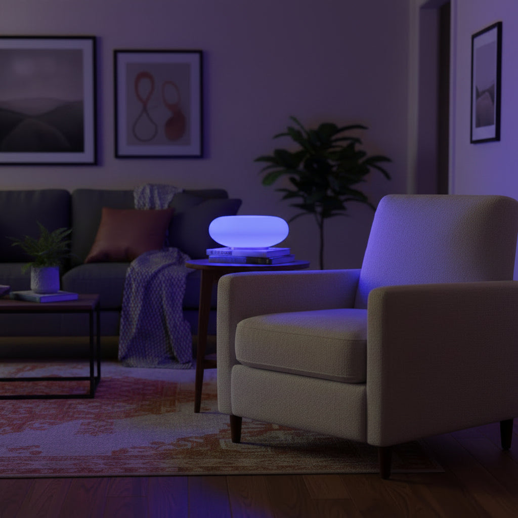 Glow & Drift portable spectre halo donut lamp on a side table, next to an armchair in a cozy living room setting.