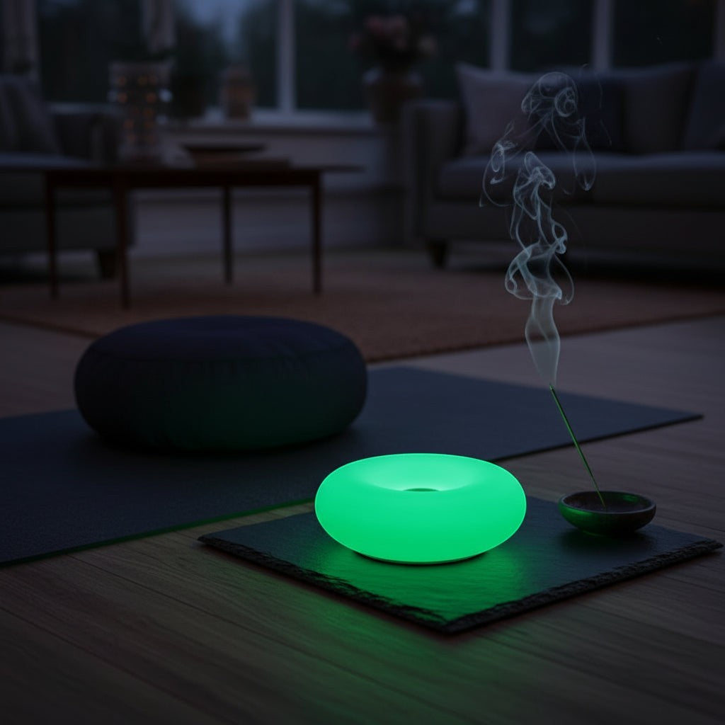 Glow & Drift Halo Donut Spectrum portable lamp glowing green on a slate mat with incense smoke in a cozy living room