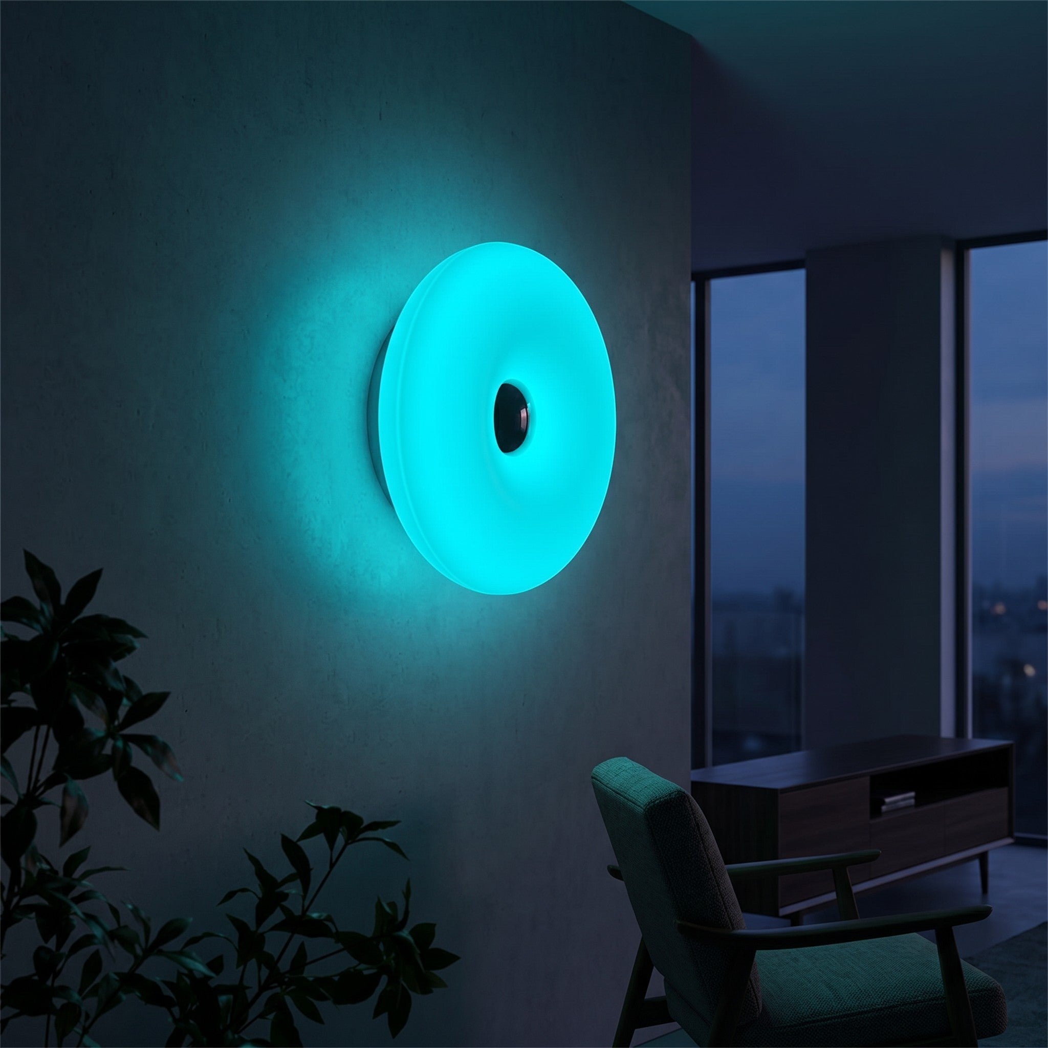 Glow & Drift Halo Donut Spectrum portable lamp mounted on a wall emitting a vibrant cyan ambient light in a room