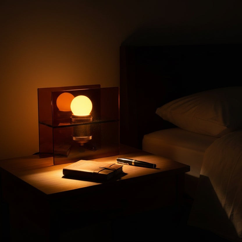 Glow & Drift Horizon geometric table lamp with amber acrylic panels casting a warm, atmospheric glow on a nightstand.
