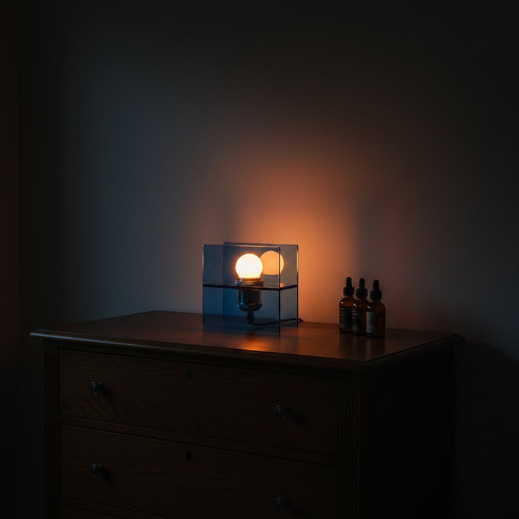 Glow & Drift Horizon geometric table lamp with blue acrylic panels casting a warm, atmospheric glow on a wooden dresser.