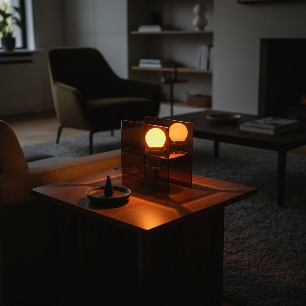 Glow & Drift Horizon geometric table lamp with tinted acrylic panels casting a warm glow on a wooden side table