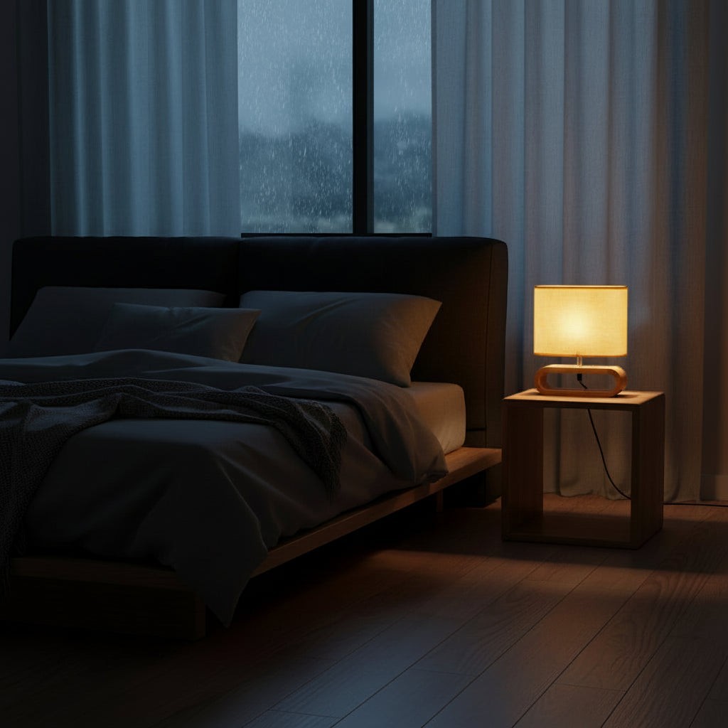 Glow & Drift Koto Japandi wooden table lamp with a linen shade casting a warm glow on a bedside table in a dark room.
