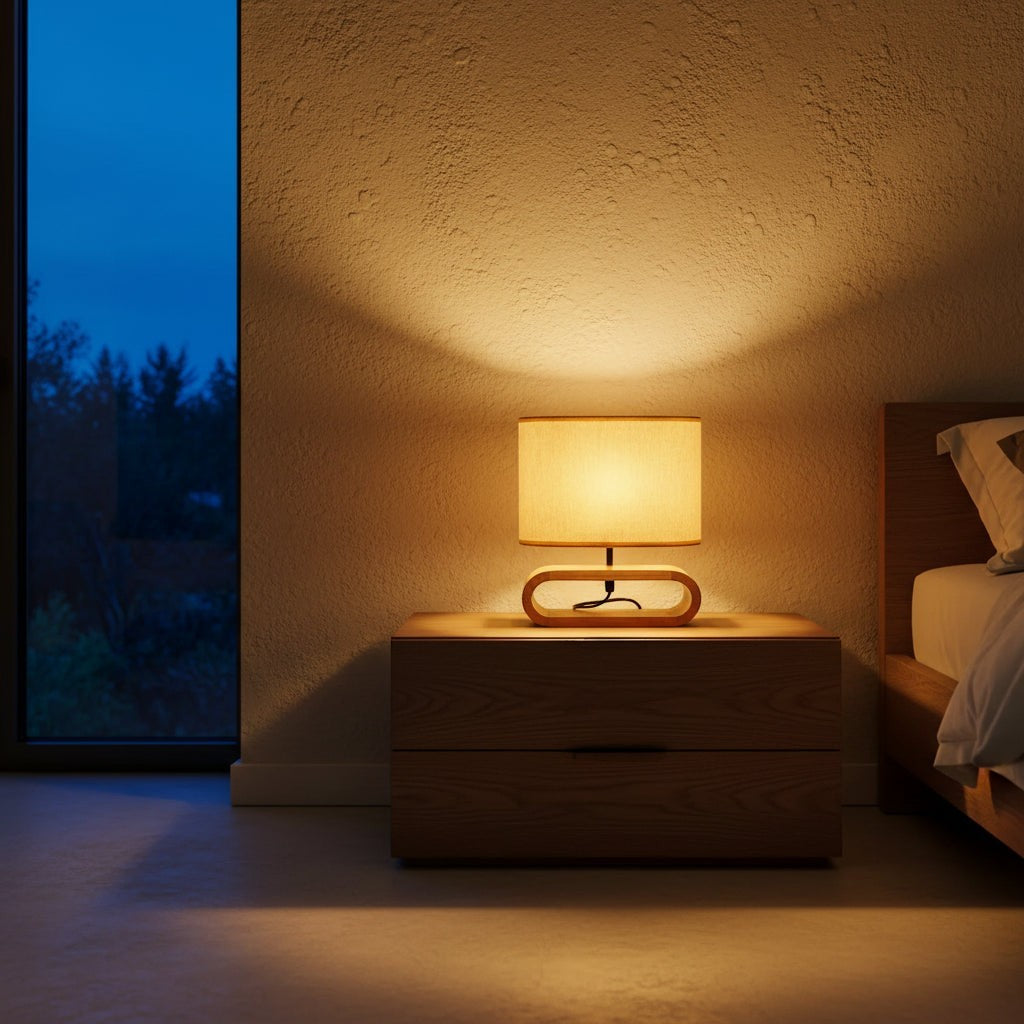 Glow & Drift Koto Japandi table lamp with a solid wood base and linen shade casting a warm glow on a bedside table.
