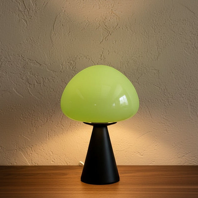 Glow & Drift Eclipse mushroom lamp with a glossy lime green glass dome and a matte black conical iron base.