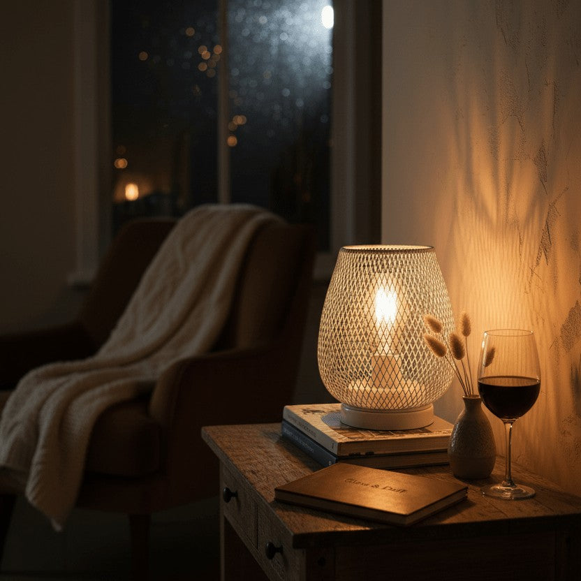 Glow & Drift Lumina Cage Retro Filament Lamp with a geometric iron frame casting a warm golden glow on a bedside table.