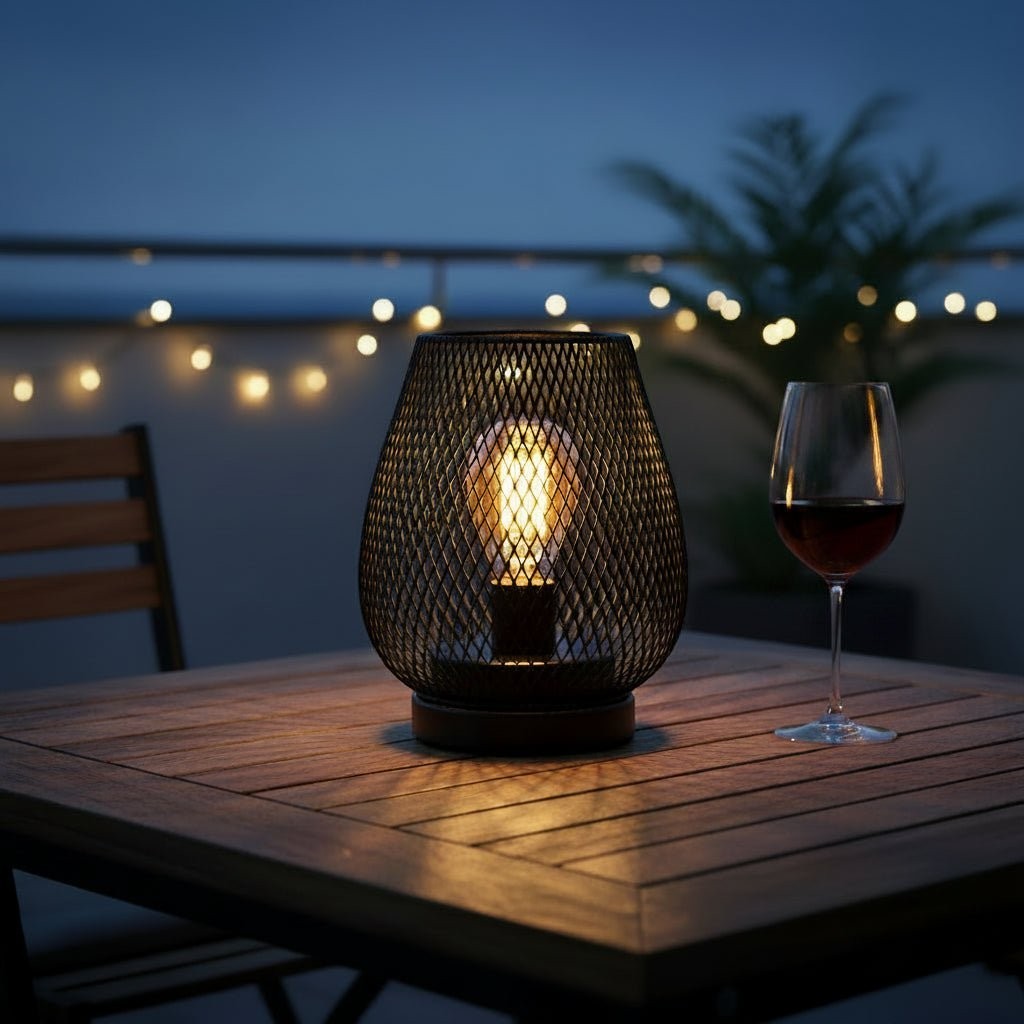 Glow & Drift Lumina Cage Retro Filament Lamp with a black iron mesh frame and warm Edison bulb on an outdoor table.