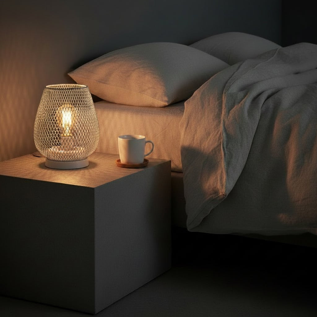 Glow & Drift Lumina Cage Retro Filament Lamp with a white geometric iron frame emitting a warm glow on a bedside table.
