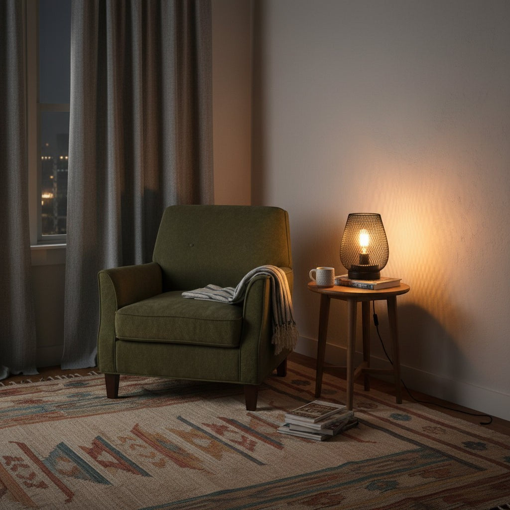Glow & Drift Lumina Cage Retro Filament Lamp with a warm Edison bulb on a side table next to a green armchair.