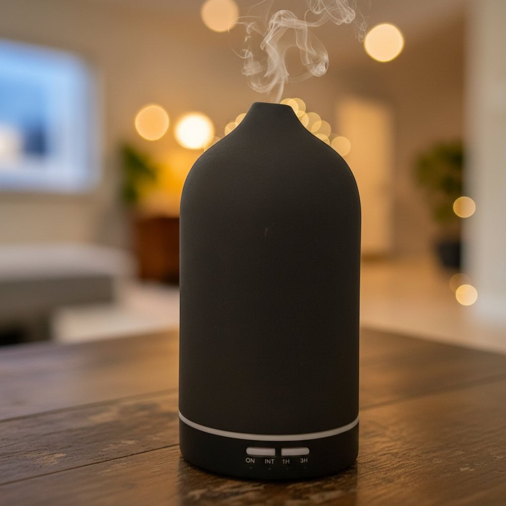 Glow & Drift minimalist matte black frosted ceramic essential oil diffuser releasing a fine mist in a cozy room.