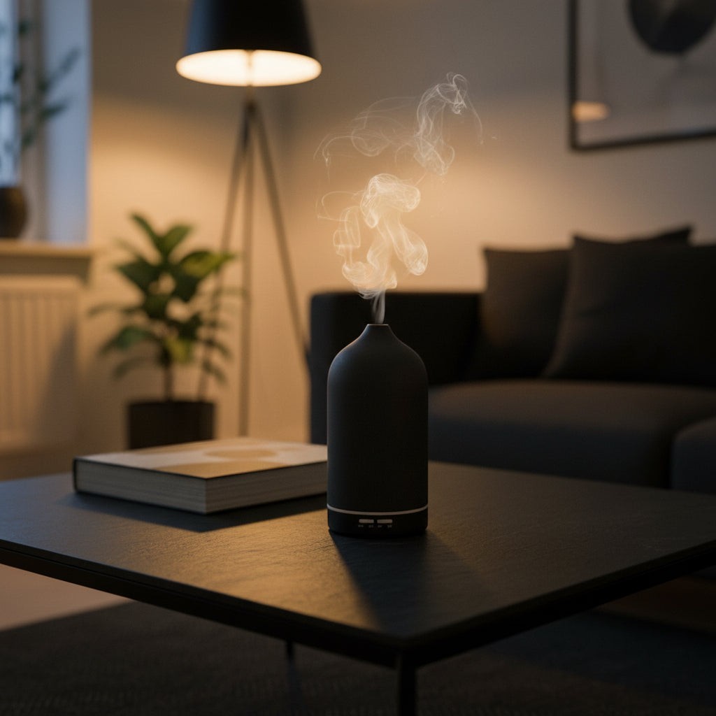 Glow & Drift minimalist matte black frosted ceramic essential oil diffuser releasing a fine mist on a living room table.