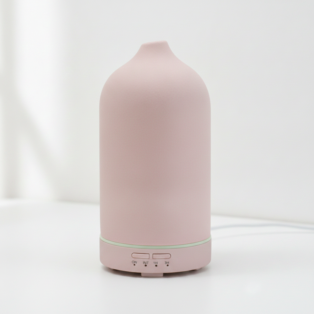 A sleek Petal Pink frosted ceramic essential oil diffuser by Glow and Drift, featuring a minimalist matte finish and sitting on a clean white surface.