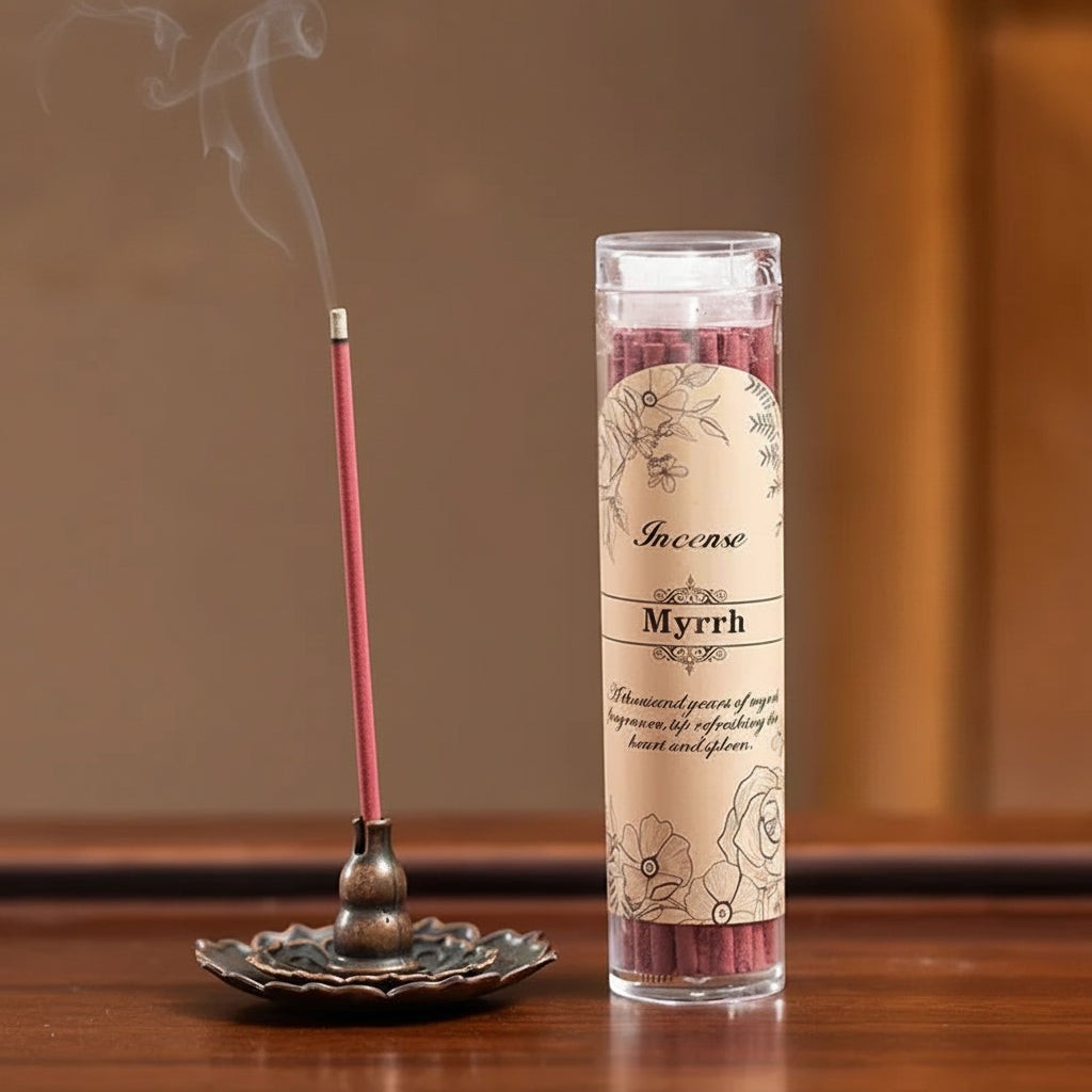 Glow & Drift Myrrh incense sticks burning in a bronze holder next to a clear storage tube on a wooden surface.