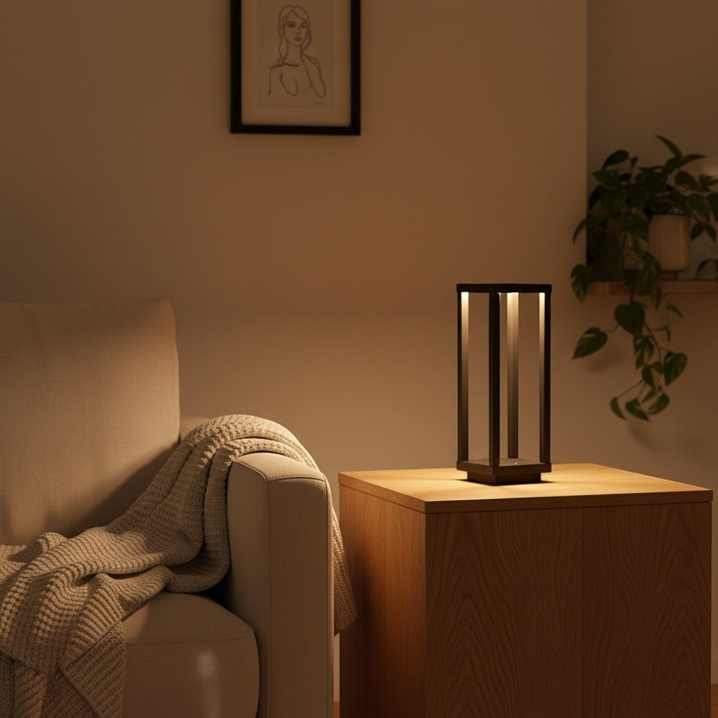 Glow & Drift Nomad Lantern, a minimalist black cordless table lamp casting a warm ambient glow on a wooden side table.