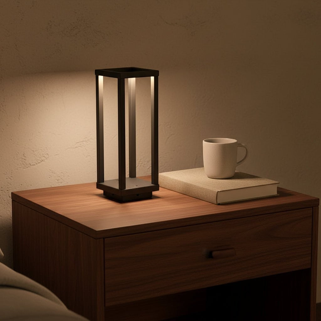 Glow & Drift Nomad Lantern, a minimalist black cordless lamp with a geometric frame casting a warm glow on a nightstand
