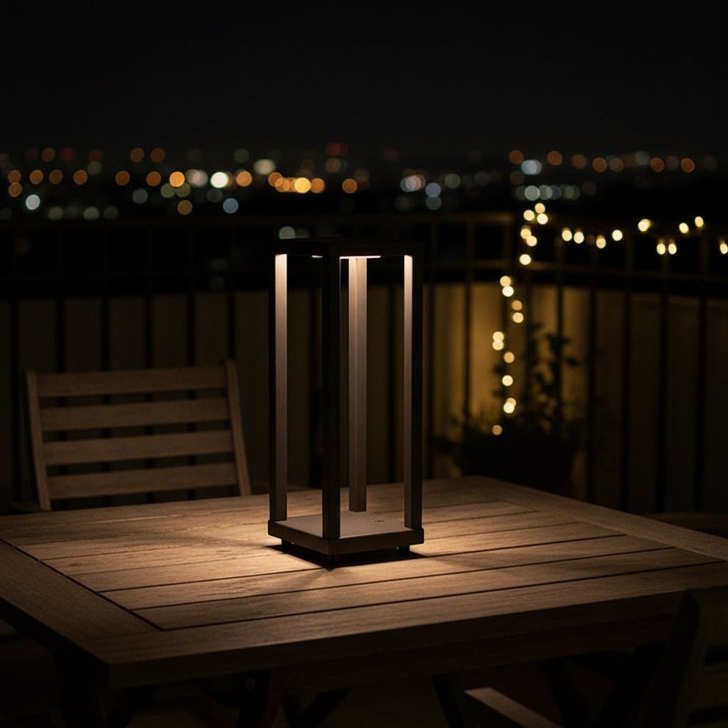 Glow & Drift Nomad Lantern, a black geometric cordless outdoor lamp glowing on a wooden patio table at night.