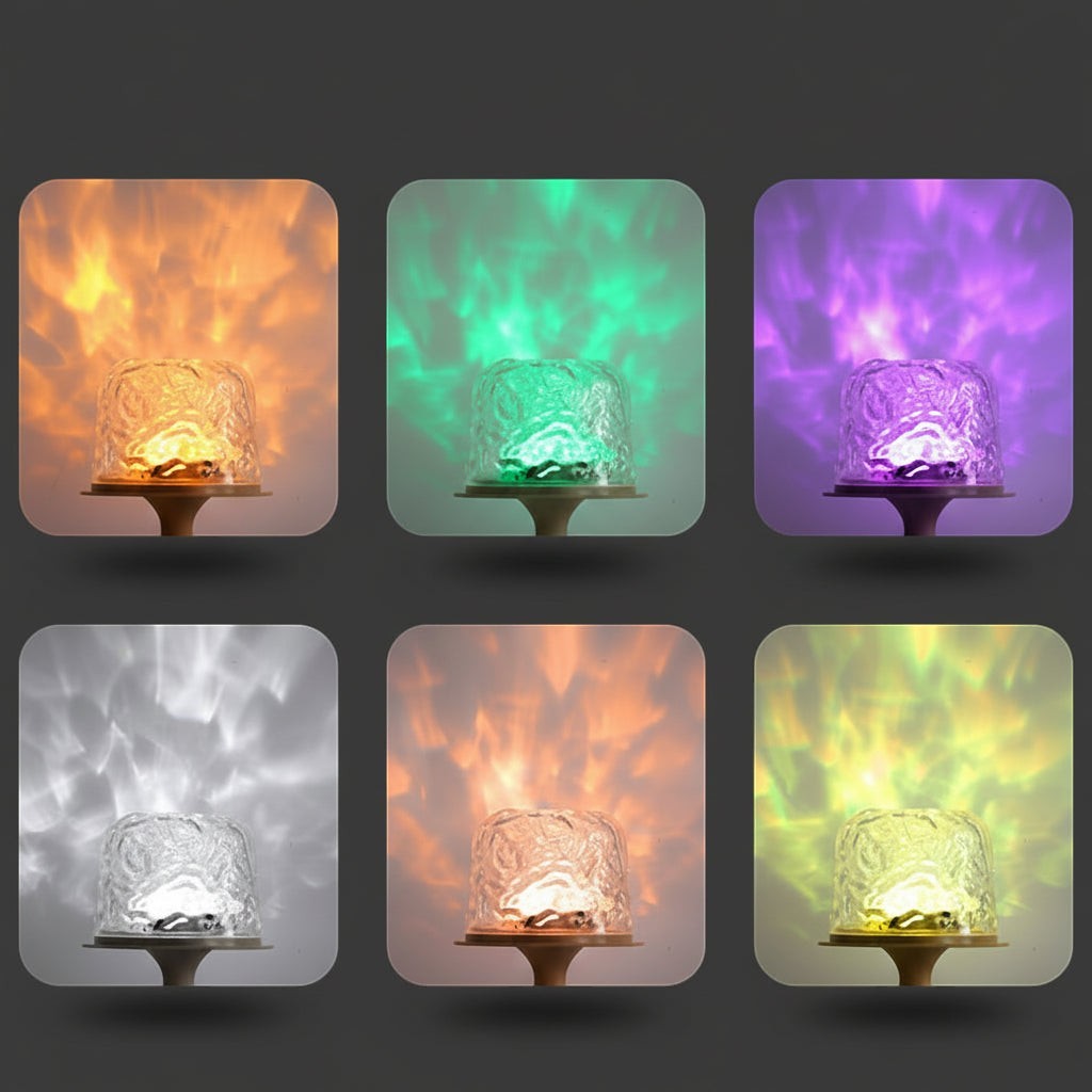 Glow & Drift Ocean Aura Projector Lamp showing six different vibrant RGB color ripple light effects on a wall.