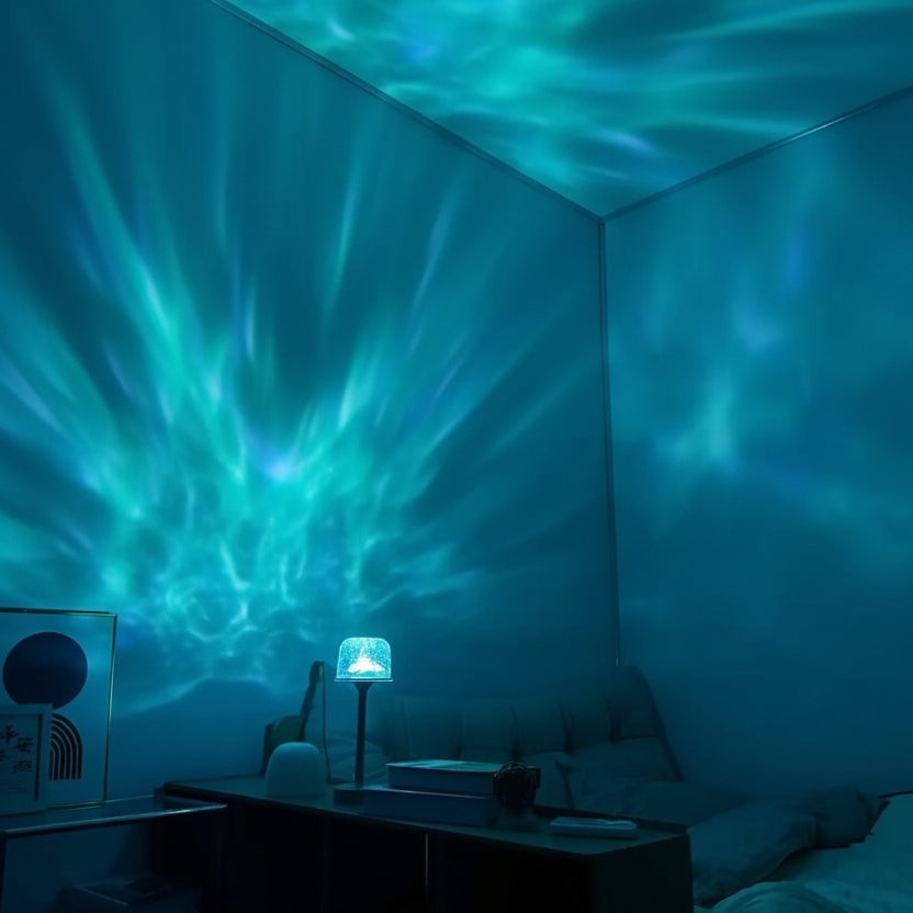 Glow & Drift Ocean Aura Projector Lamp casting vibrant blue and green moving water ripple light effects on a bedroom wall