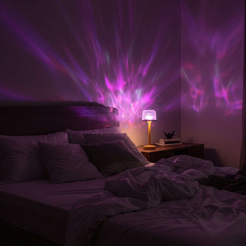 Glow & Drift Ocean Aura Projector Lamp casting vibrant purple and pink water ripple light effects in a cozy bedroom.