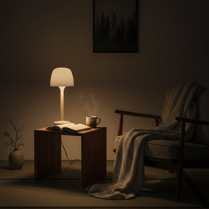 Glow & Drift Ocean Aura Projector Lamp with frosted dome on a wooden side table in a cozy, dimly lit living room.