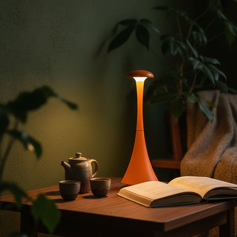 Glow & Drift Spora orange portable mushroom lamp casting a warm ambient glow on a wooden table with tea set and book.