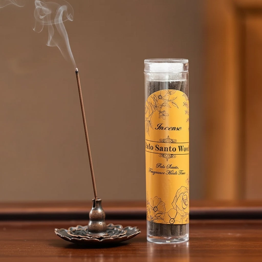 Glow & Drift Palo Santo incense sticks burning in a decorative metal holder next to a clear storage tube.