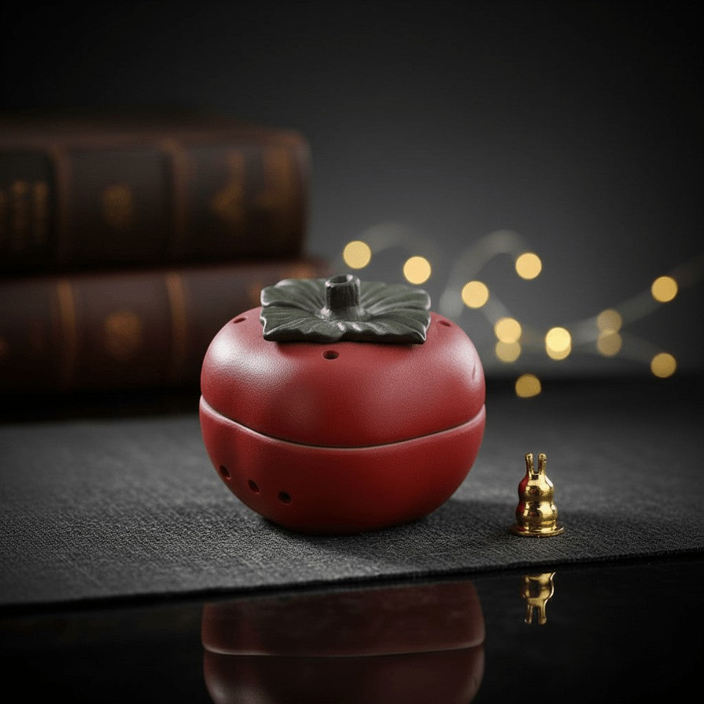 Glow & Drift Harvest ceramic persimmon incense vessel with a dark green stem lid on a black mat with a gold figurine.