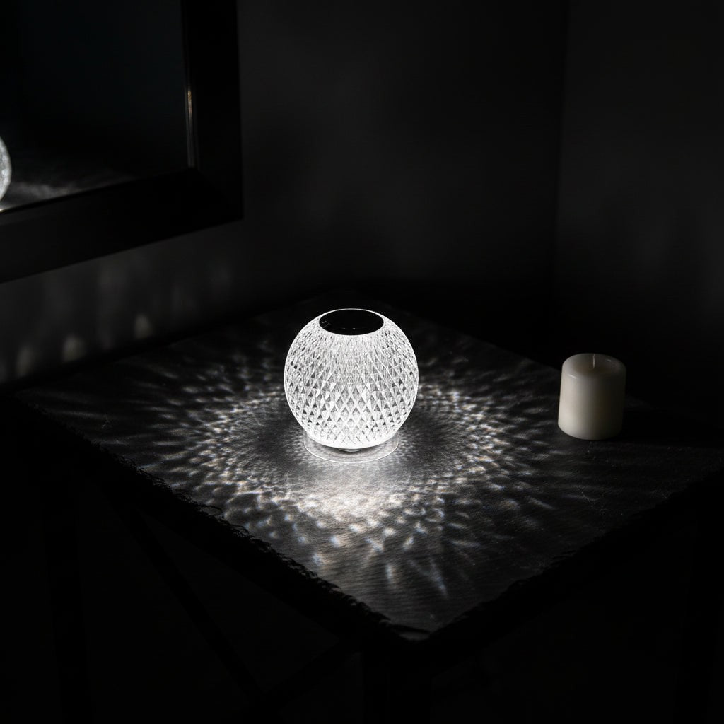 Glow & Drift Prism Crystal Atmosphere Lamp casting a decorative light pattern on a dark table next to a candle